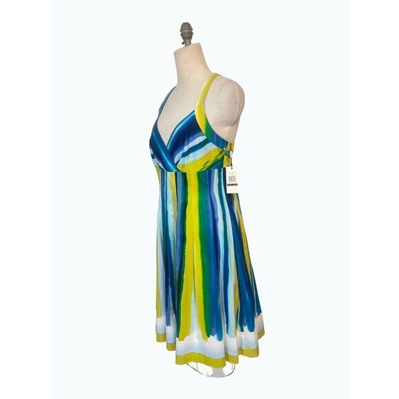 Calvin Klein Blue & Yellow Stripe A-Line Knee Length Dress NWT 12 - Picture 2 of 5